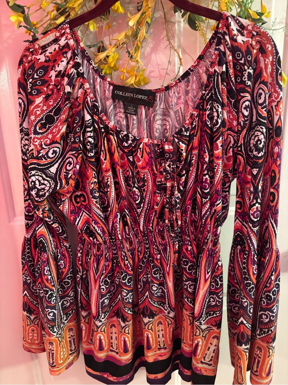 Colleen Lopez Paisley Peasant Top - Red, Orange & Black